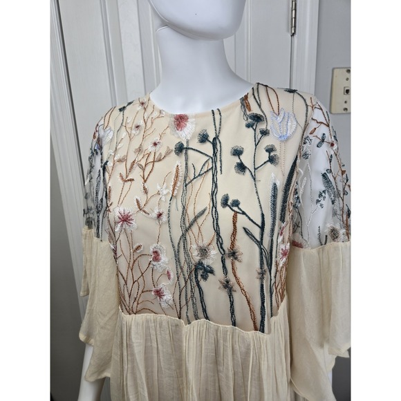 Altard State Embroidered Mini Dress 3/4 Bell Sheer Sleeve Boho Babydoll Medium - Picture 2 of 10